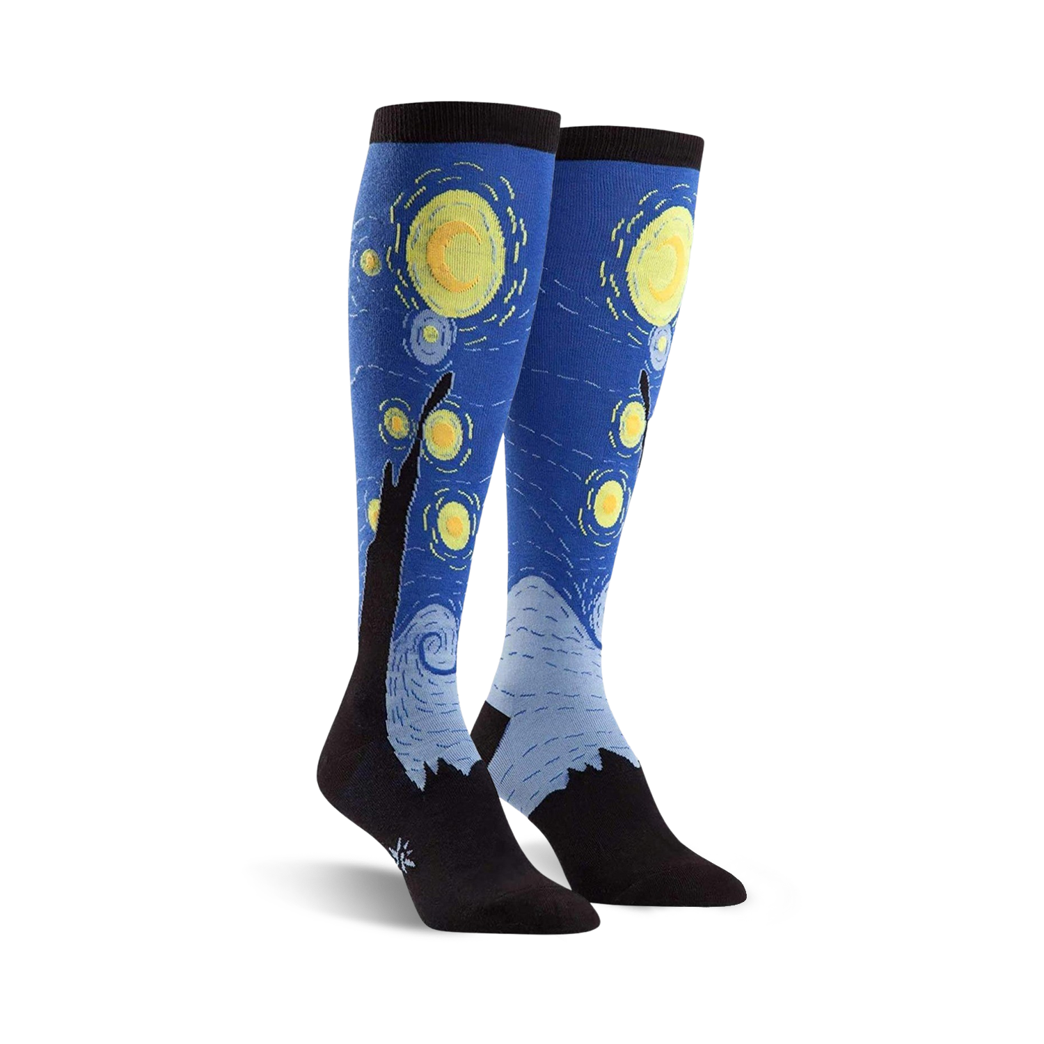 Pair of knee-high socks showcasing Van Gogh's Starry Night.  Blues, yellows, and blacks are prominent in the design, with swirling brushstrokes and stars.