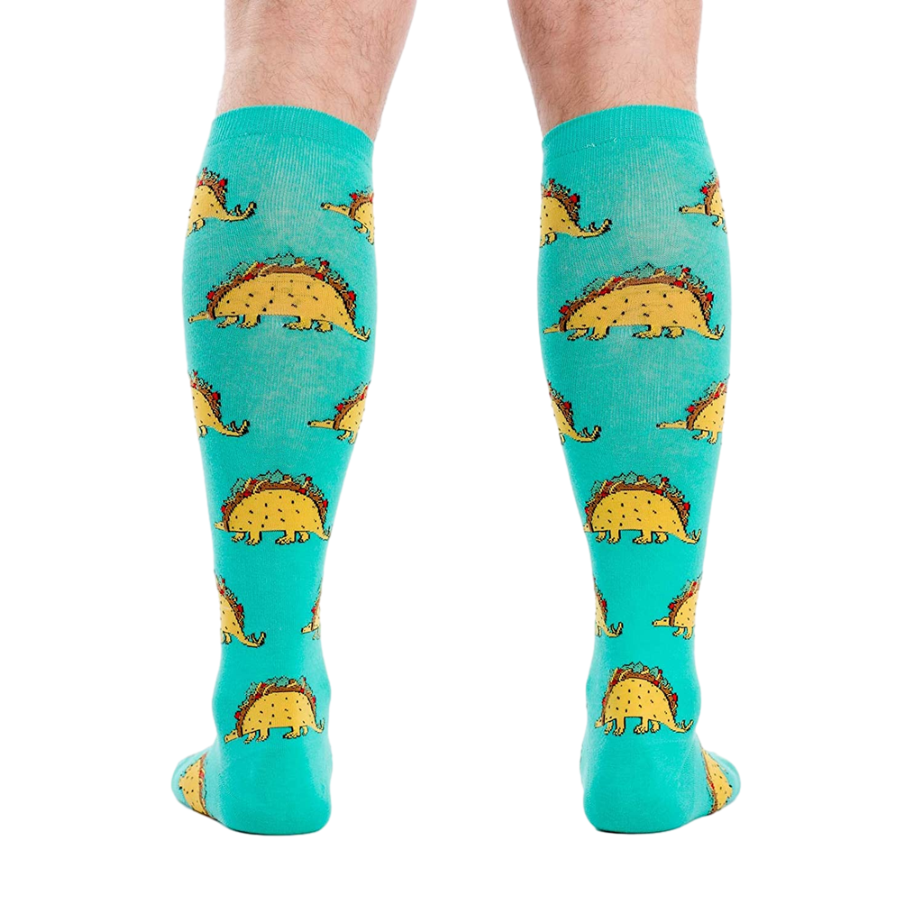 Back view of the Tacosaurus knee-high socks on a person's legs.