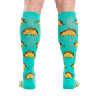 Back view of the Tacosaurus knee-high socks on a person's legs.