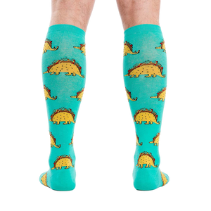 Back view of the Tacosaurus knee-high socks on a person's legs.