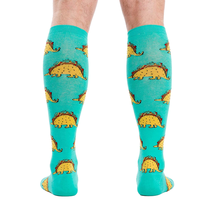 Back view of the Tacosaurus knee-high socks on a person's legs.