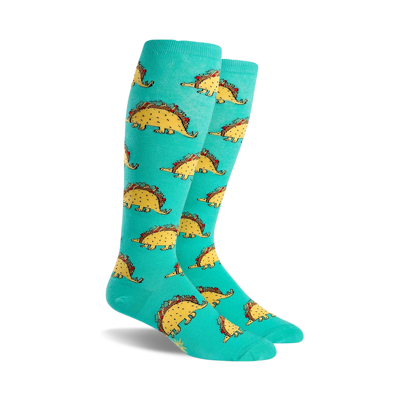 Pair of teal knee-high socks with a repeating pattern of cartoon dinosaurs shaped like tacos. 