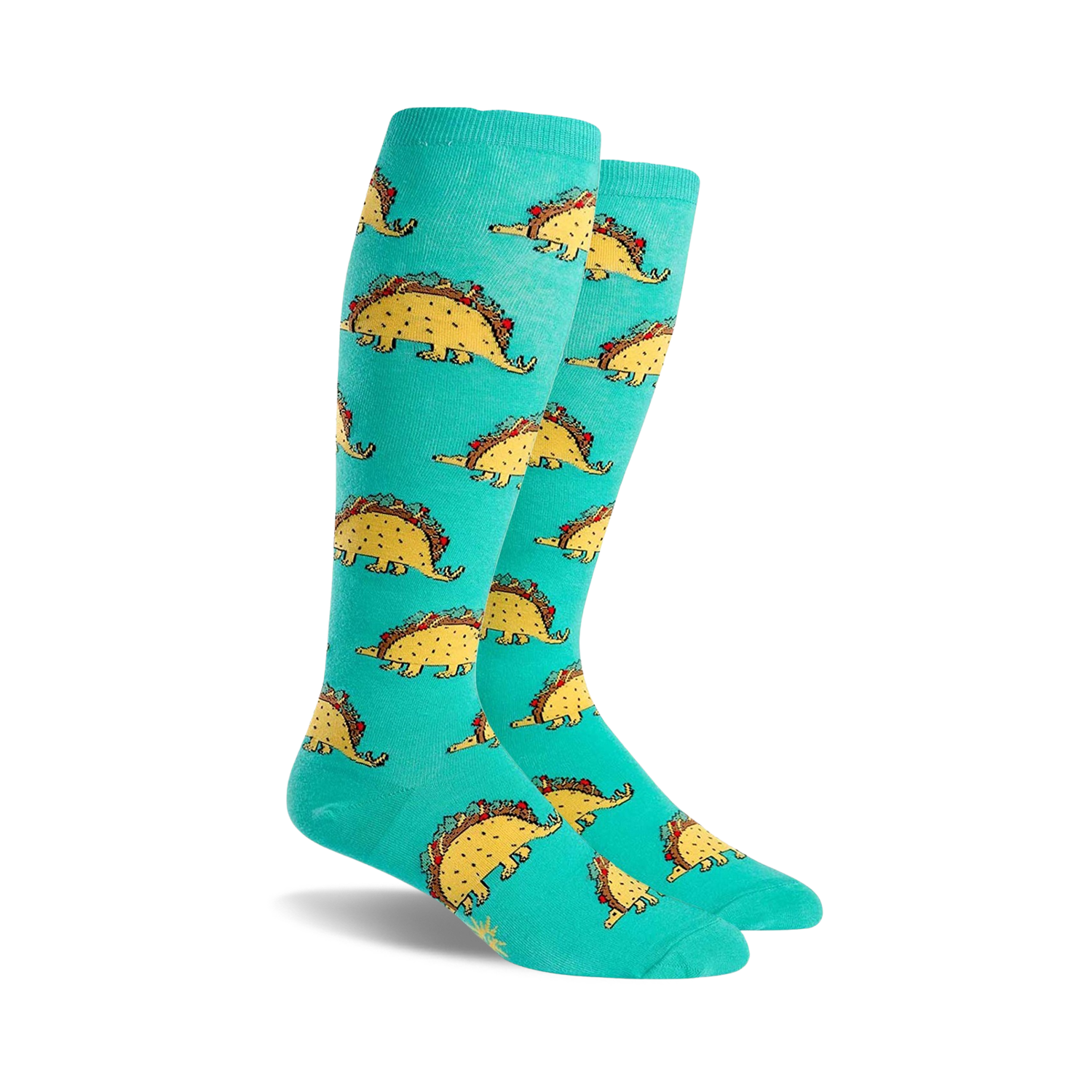 Pair of teal knee-high socks with a repeating pattern of cartoon dinosaurs shaped like tacos. 