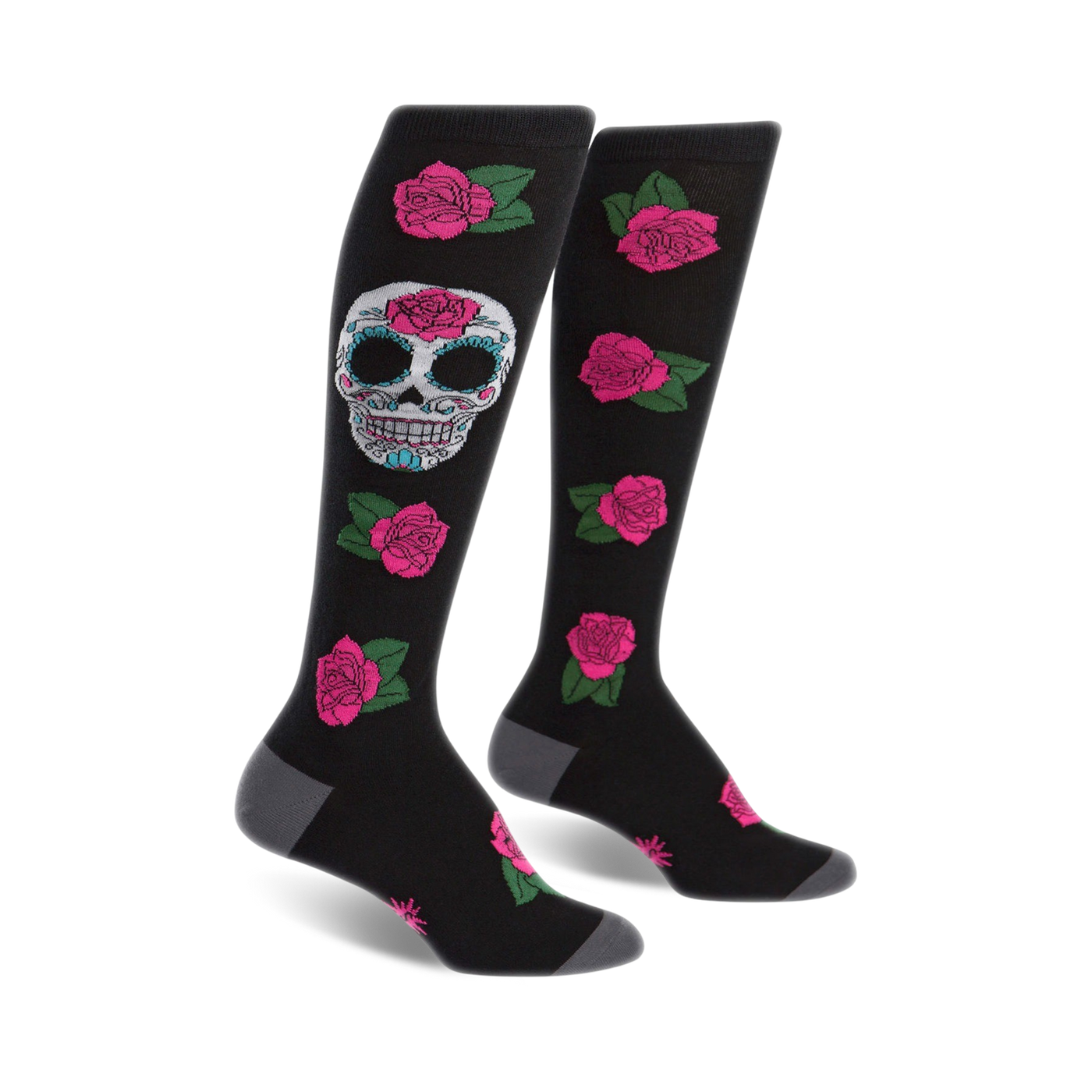 Pair of black knee-high socks with a colorful sugar skull and pink roses pattern. 