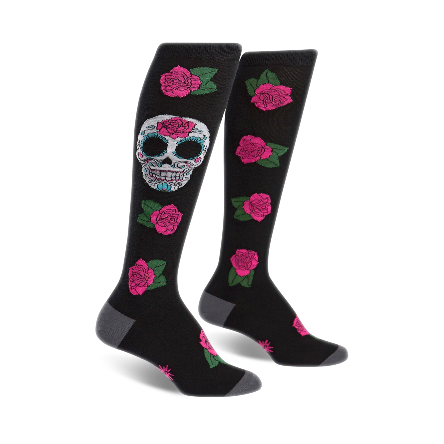 Pair of black knee-high socks with a colorful sugar skull and pink roses pattern. 