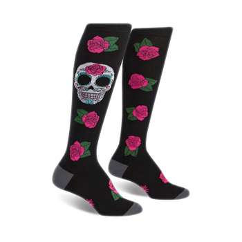 black knee high womens socks with pink roses and sugar skulls.  