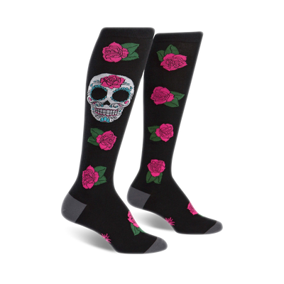 black knee high womens socks with pink roses and sugar skulls.  