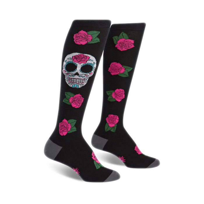 black knee high womens socks with pink roses and sugar skulls.   }}
