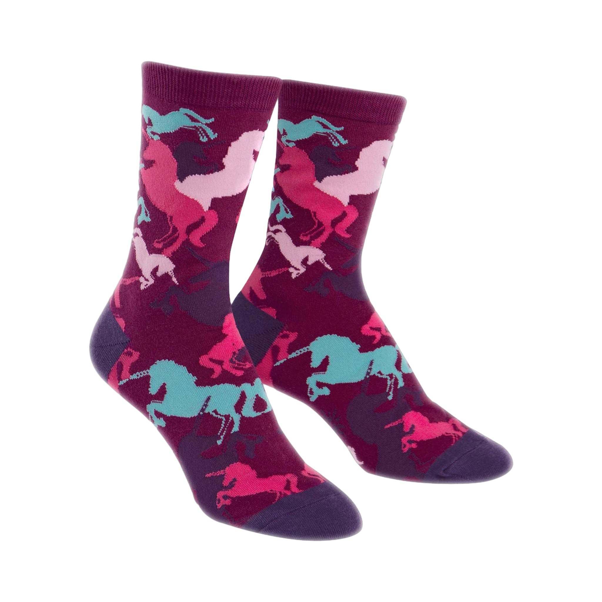 Crew socks featuring a maroon background with a pattern of pink, teal, and purple unicorns.