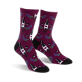 Crew socks in burgundy with a pattern of wine bottles, grapes, and wine glasses.  A small heart is on each wine bottle label.