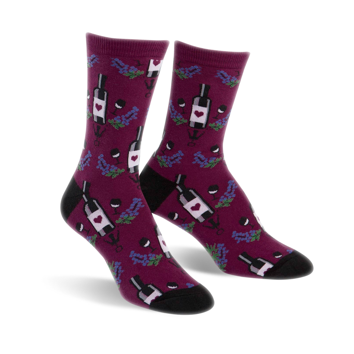 Crew socks in burgundy with a pattern of wine bottles, grapes, and wine glasses.  A small heart is on each wine bottle label.