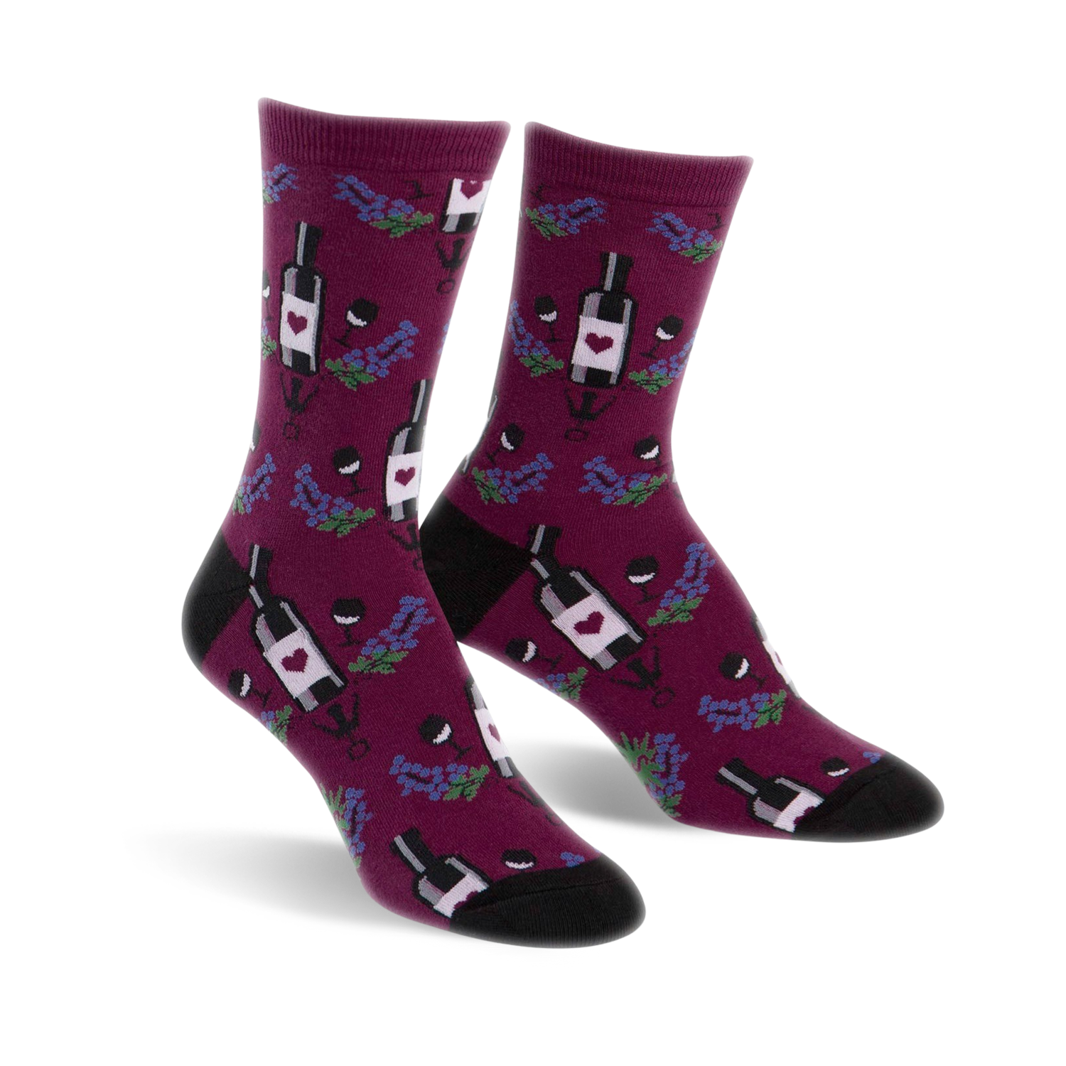 Crew socks in burgundy with a pattern of wine bottles, grapes, and wine glasses.  A small heart is on each wine bottle label.