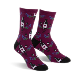 dark red crew socks with a pattern of wine bottles and grapes. womens' size.  