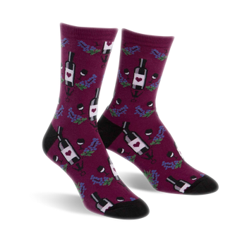 dark red crew socks with a pattern of wine bottles and grapes. womens' size.  