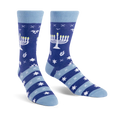 Crew socks in blue and light blue with a Hanukkah theme.  Features menorahs, stars of David, and dreidels.