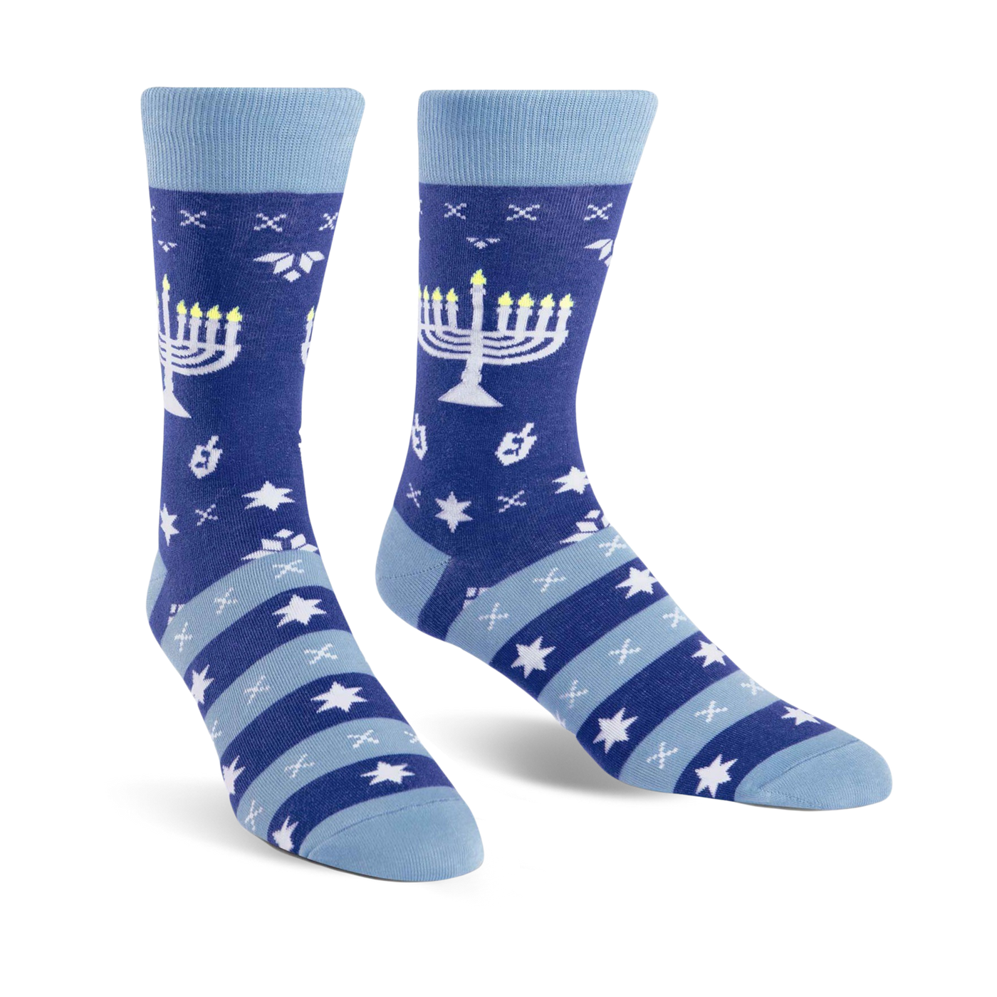 Crew socks in blue and light blue with a Hanukkah theme.  Features menorahs, stars of David, and dreidels.