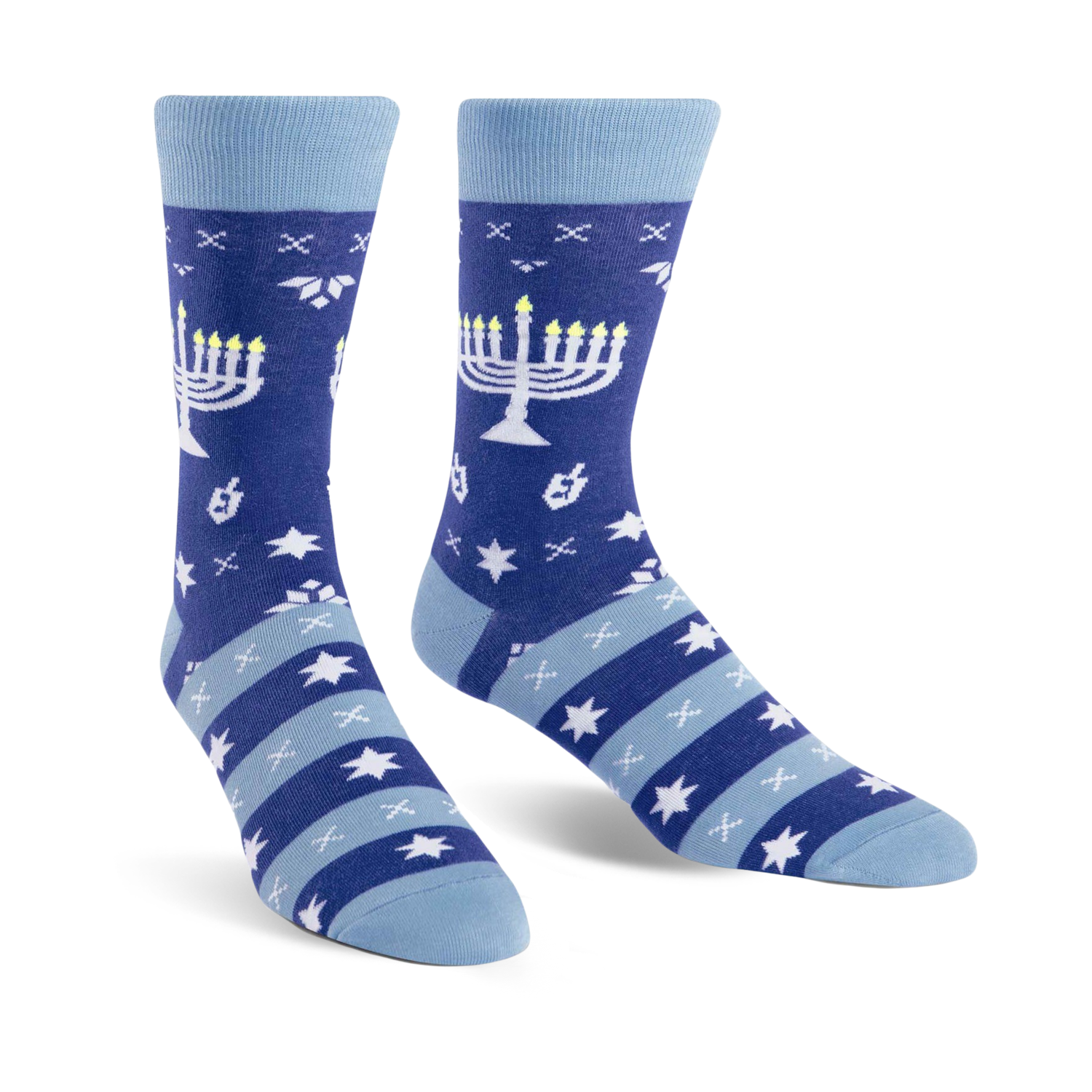 Crew socks in blue and light blue with a Hanukkah theme.  Features menorahs, stars of David, and dreidels.