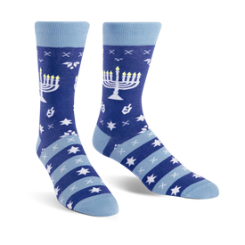 blue crew socks with menorah and snowflake patterns perfect for celebrating hanukkah   
