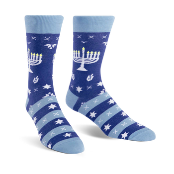 blue crew socks with menorah and snowflake patterns perfect for celebrating hanukkah   