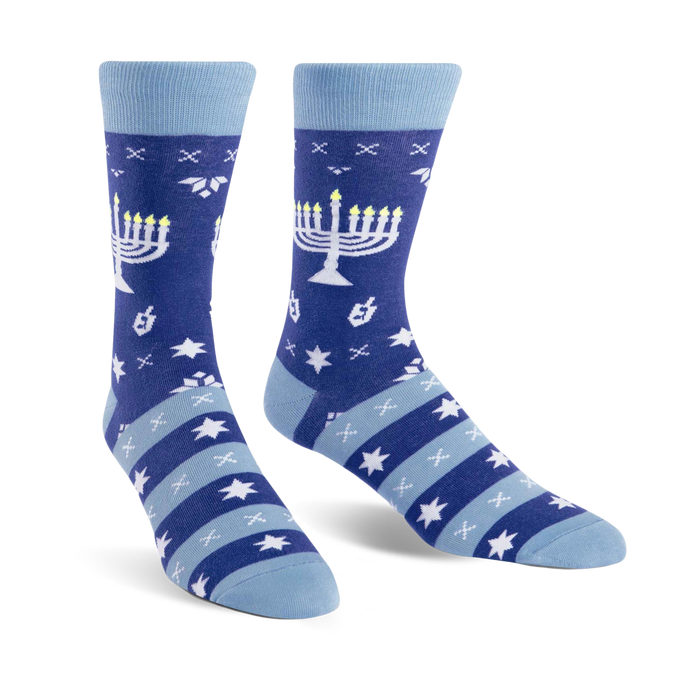 blue crew socks with menorah and snowflake patterns perfect for celebrating hanukkah    }}