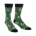 Green crew socks with a repeating pattern of brown and white Pitbull faces. Black cuff.
