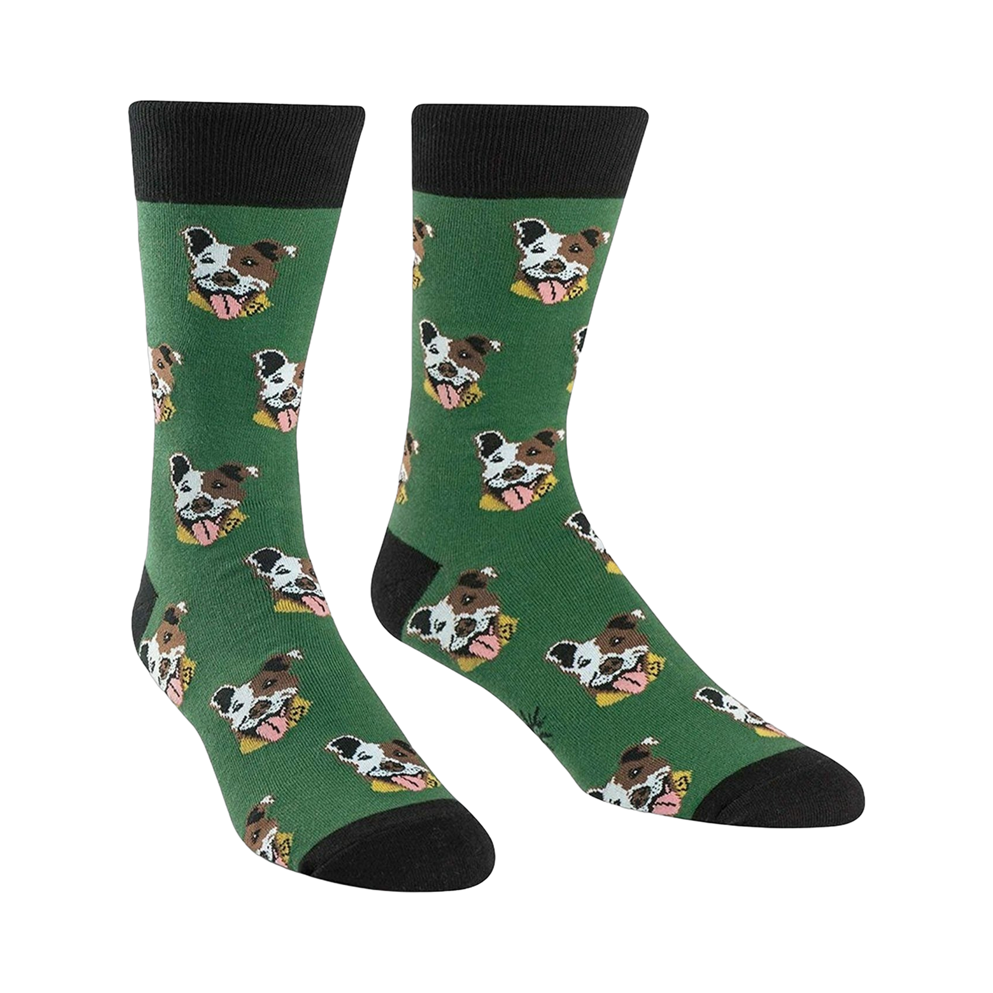 Green crew socks with a repeating pattern of brown and white Pitbull faces. Black cuff.