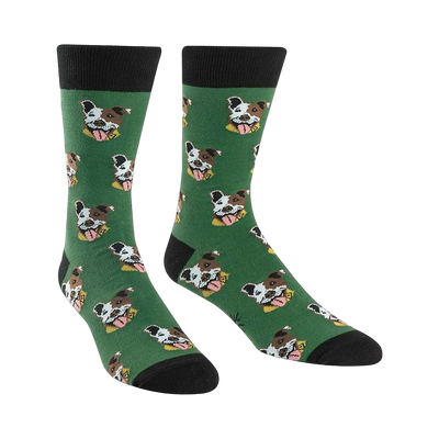 Green crew socks with a repeating pattern of brown and white Pitbull faces. Black cuff.