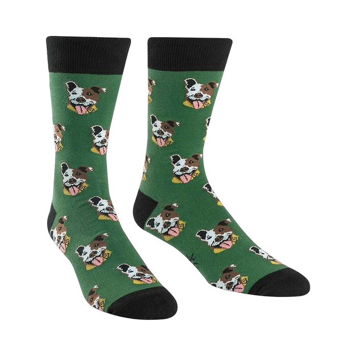 Green crew socks with a repeating pattern of brown and white Pitbull faces. Black cuff. }}