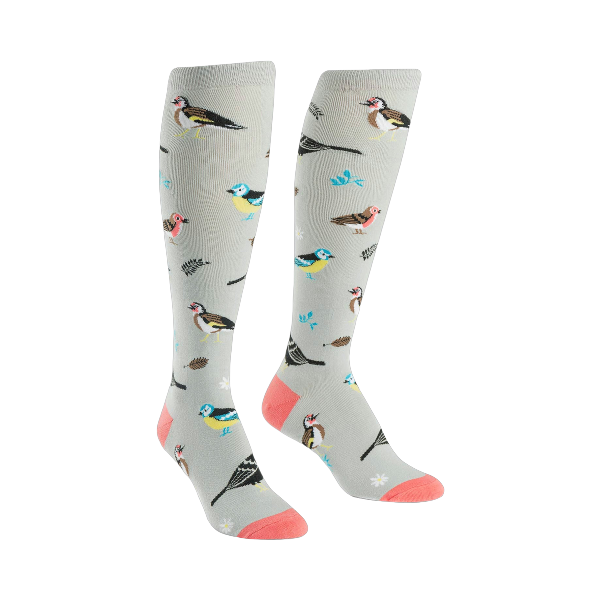 A pair of women's knee-high socks in light gray with a pattern of colorful birds and leaves. Coral-colored heel and toe.