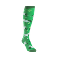 Knee-high socks, bright green background, white goats and green bushes pattern. Playful and whimsical design.