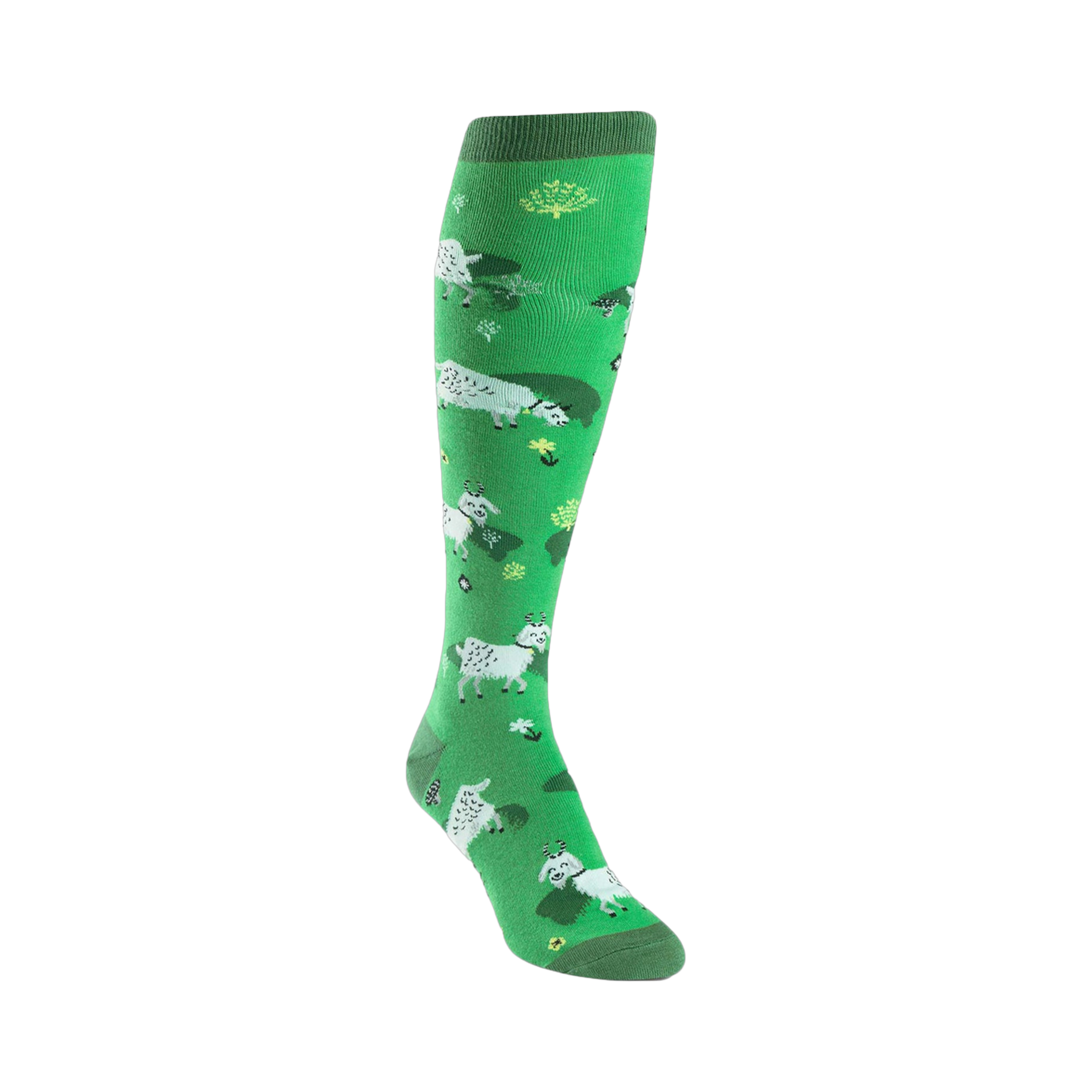 Knee-high socks, bright green background, white goats and green bushes pattern. Playful and whimsical design.