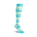 Knee-high socks in teal and light blue with a playful narwhal pattern. The narwhals are grey with yellow horns, swimming amongst light blue bubbles.