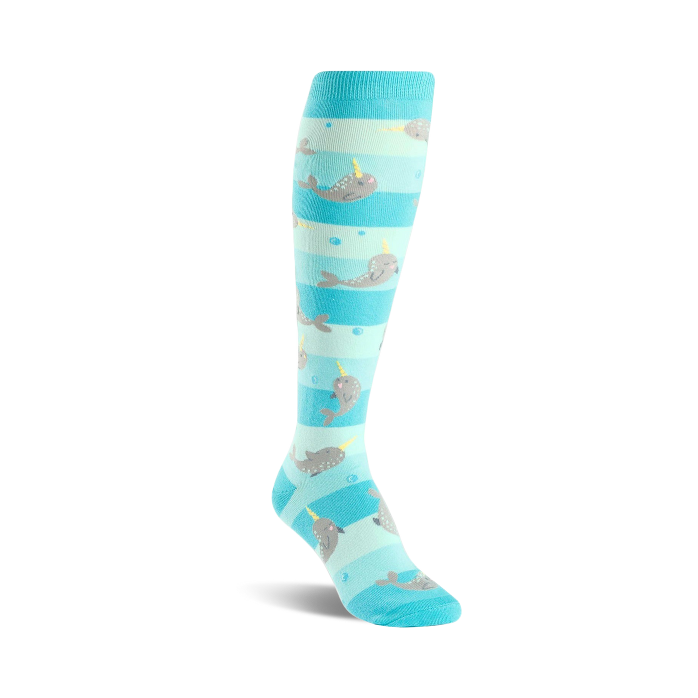 Knee-high socks in teal and light blue with a playful narwhal pattern. The narwhals are grey with yellow horns, swimming amongst light blue bubbles.