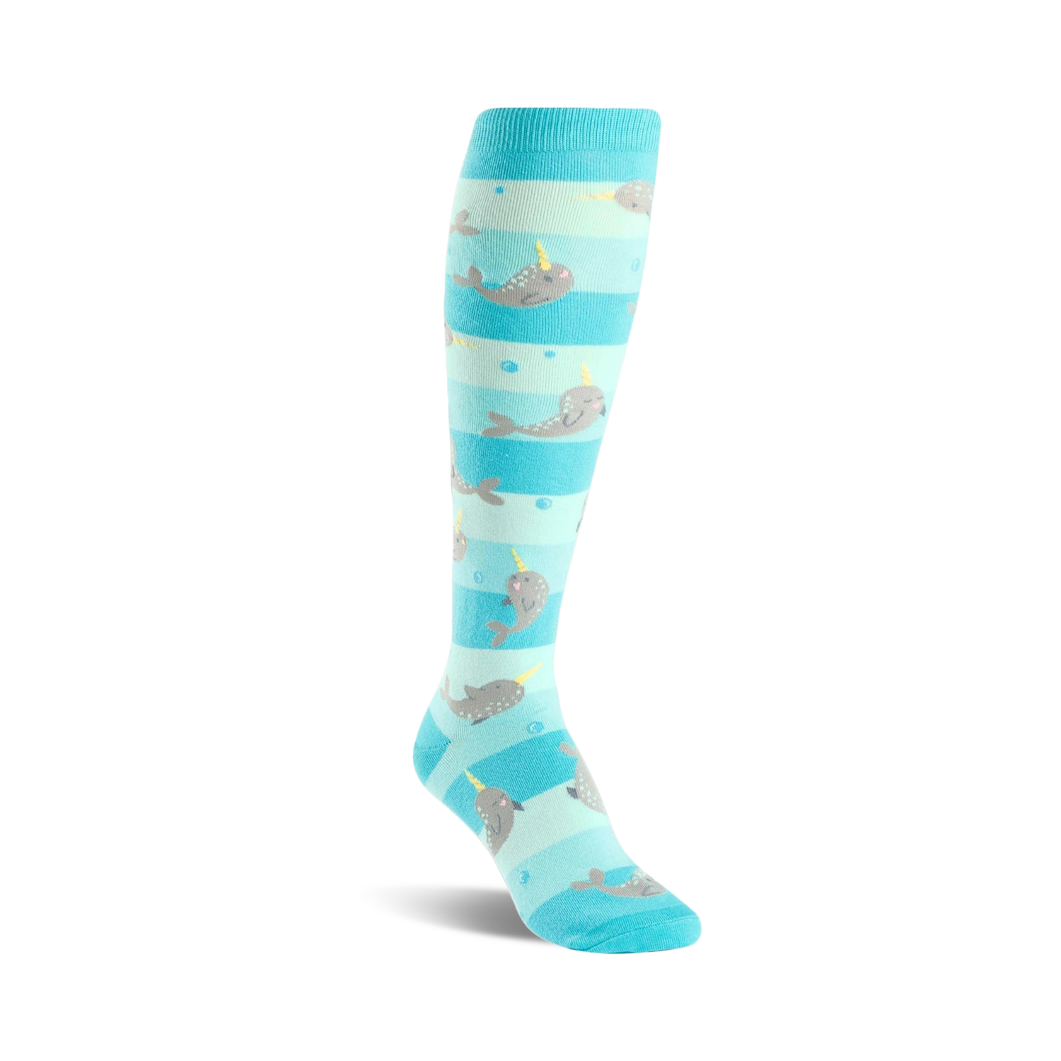 Knee-high socks in teal and light blue with a playful narwhal pattern. The narwhals are grey with yellow horns, swimming amongst light blue bubbles.