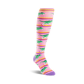 Pink knee-high socks with purple stripes and a repeating pattern of green T-Rexes on roller skates.