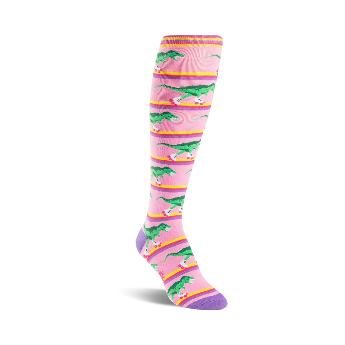 Pink knee-high socks with purple stripes and a repeating pattern of green T-Rexes on roller skates.