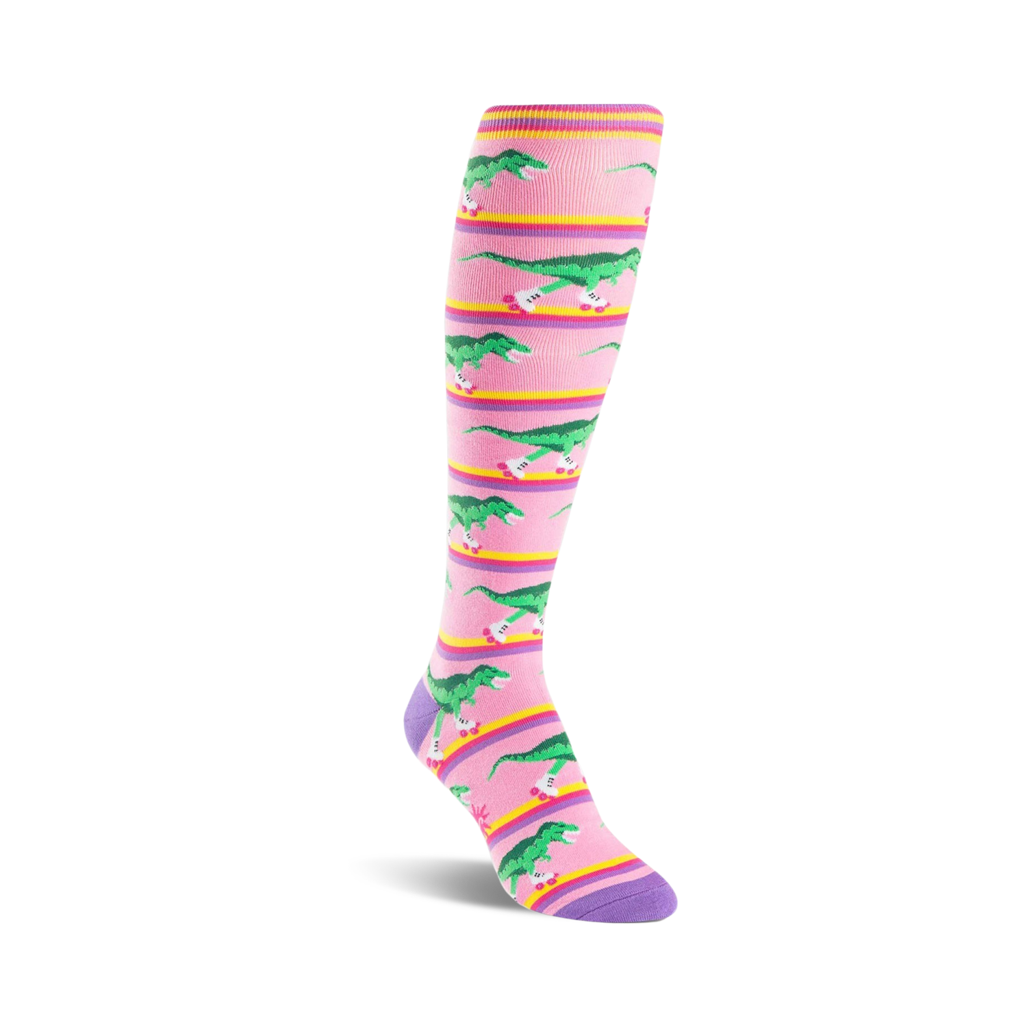 Pink knee-high socks with purple stripes and a repeating pattern of green T-Rexes on roller skates.