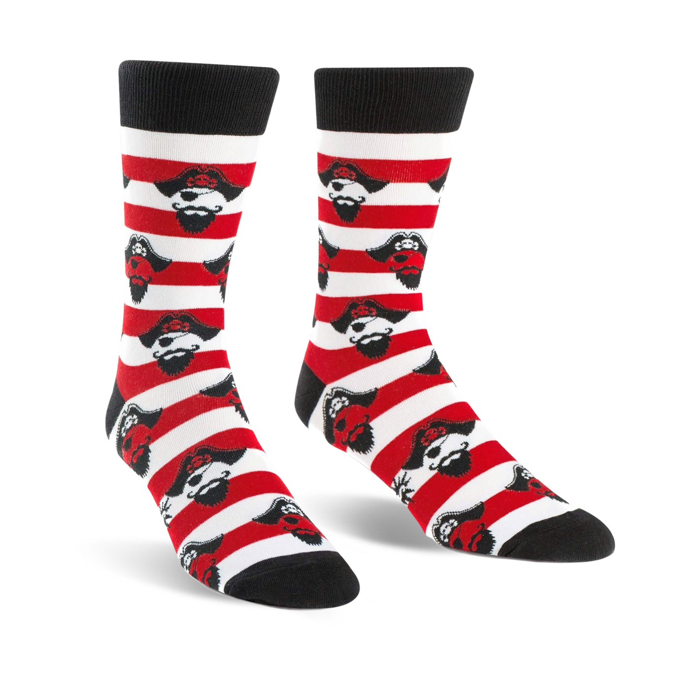 A pair of crew socks in red and white stripes, featuring repeating illustrations of a pirate's face.