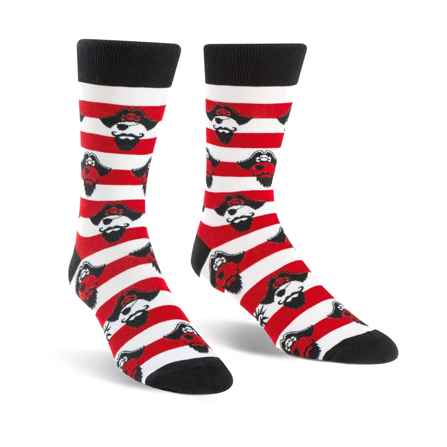 A pair of crew socks in red and white stripes, featuring repeating illustrations of a pirate's face.