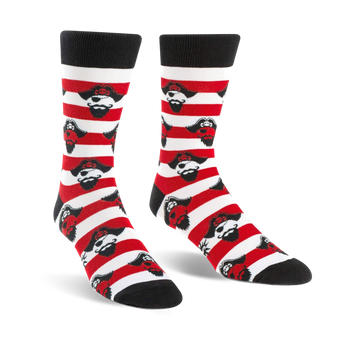 red and white striped crew socks with cartoon pirate faces in the stripes. black eye patches and red bandanas.   