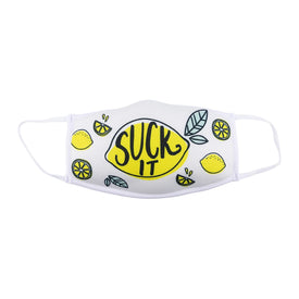 funny women's white crew socks with lemon pattern and "suck it" lettering.  