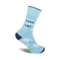 A light blue crew sock with the text 'I AM. I CAN. I WILL. I DO.' in white.  Small white snowflakes and leaf designs are scattered on the sock.