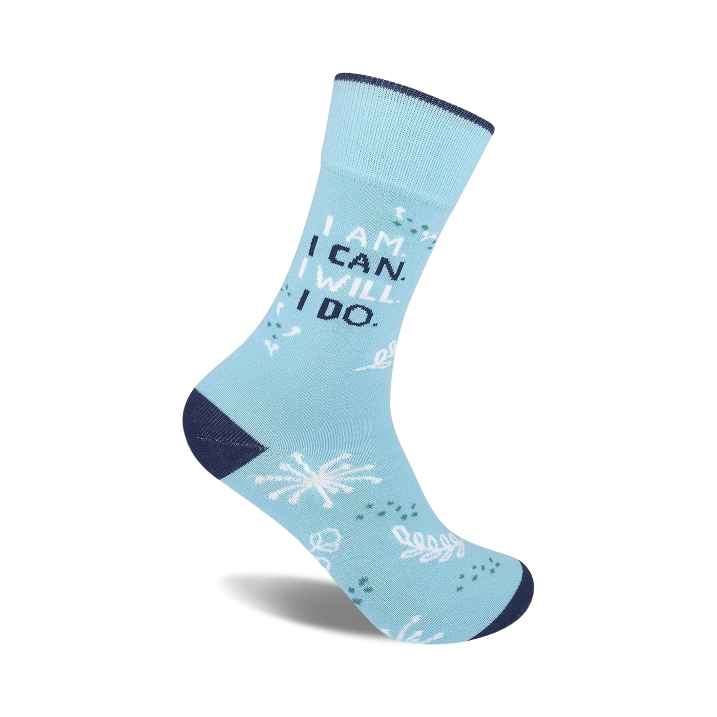 A light blue crew sock with the text 'I AM. I CAN. I WILL. I DO.' in white.  Small white snowflakes and leaf designs are scattered on the sock.