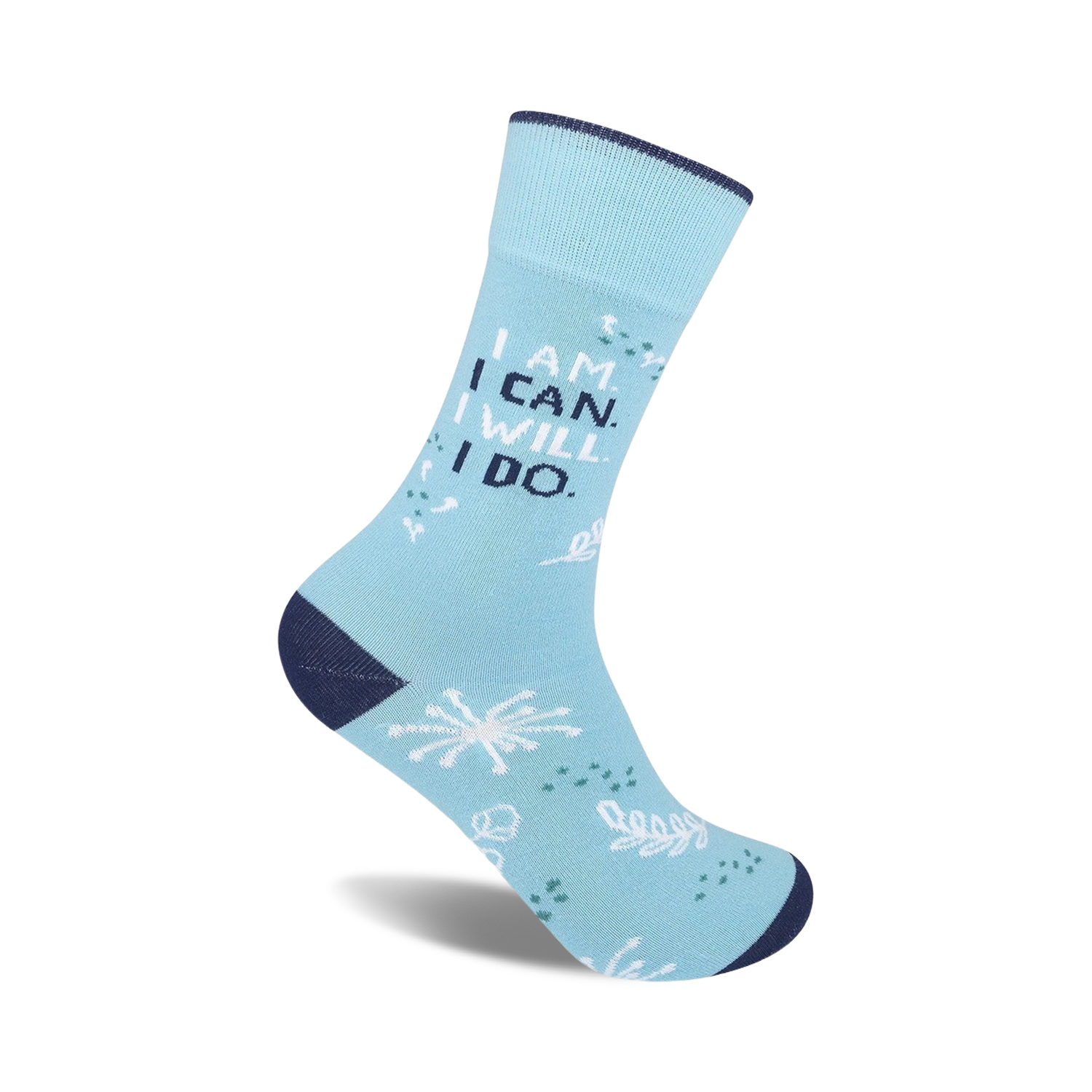 A light blue crew sock with the text 'I AM. I CAN. I WILL. I DO.' in white.  Small white snowflakes and leaf designs are scattered on the sock.