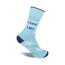 navy crew socks with "i am. i can. i will. i do." messages, dark blue toe, heel, and cuff with white snowflakes all over.  