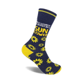 Crew socks in navy blue with yellow sunflowers and the text 'In a world of roses, be a sunflower.'
