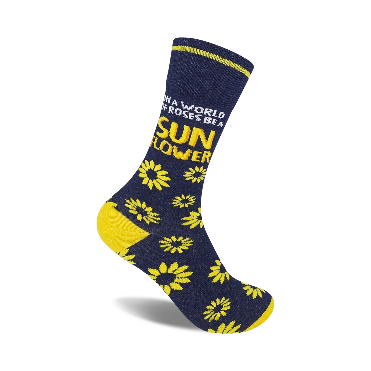 Crew socks in navy blue with yellow sunflowers and the text 'In a world of roses, be a sunflower.'