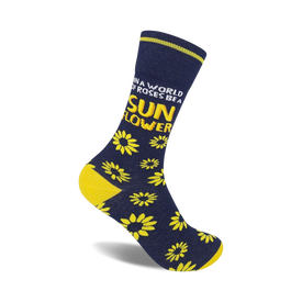 dark blue crew socks for women featuring yellow sunflowers and the words "in a world of roses...be a sunflower".  