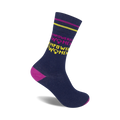 Navy blue crew socks with pink and yellow stripes at the top.  The words 'EMPOWERED WOMEN' are repeated vertically in pink and yellow with feminist symbols.