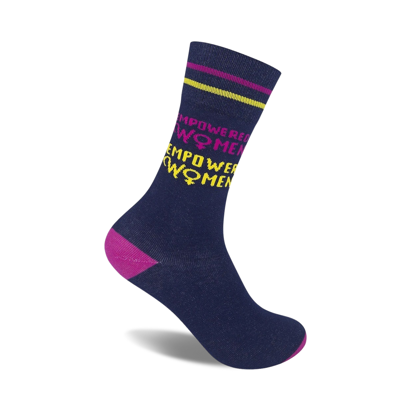 Navy blue crew socks with pink and yellow stripes at the top.  The words 'EMPOWERED WOMEN' are repeated vertically in pink and yellow with feminist symbols.